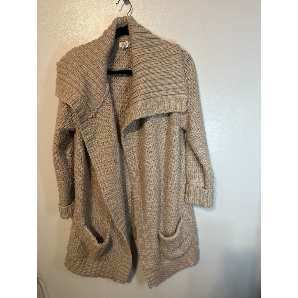 Lands End Canvas Open Big Cardigan Chunky Knit Tan Medium